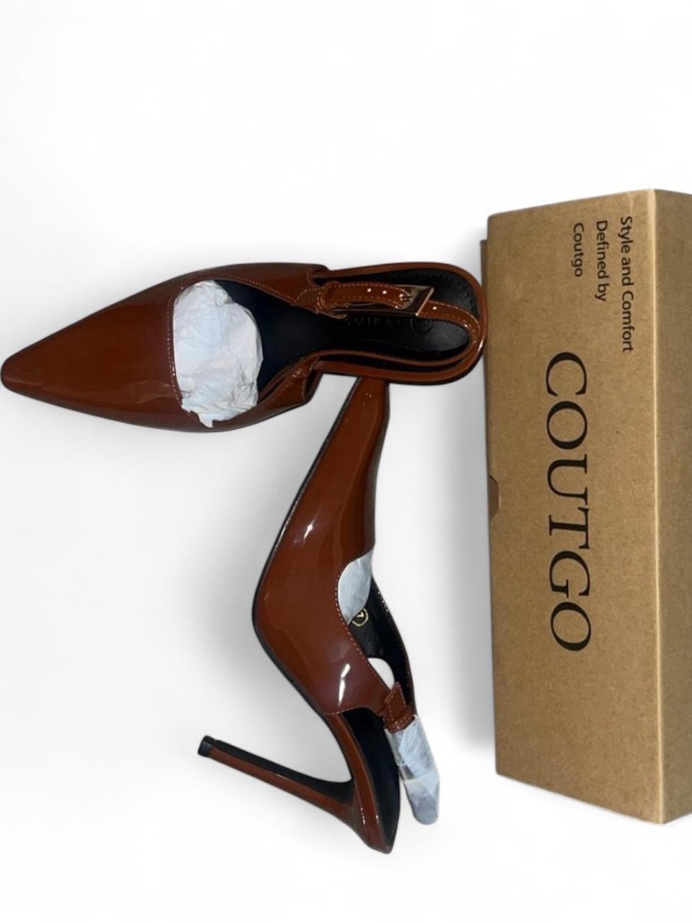 Brown Patent Leather Pointed-Toe Slingback Pumps